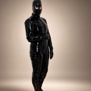 Black 0.8 mm full enclosure latex catsuit with integrated hood, gloves and feet