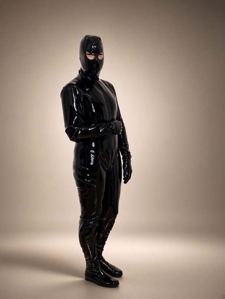 Black 0.8 mm full enclosure latex catsuit with integrated hood, gloves and feet