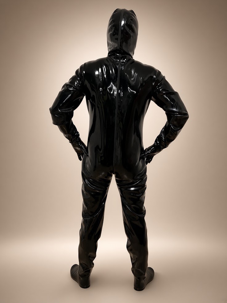 Black 1 mm full enclosure latex suit, back view