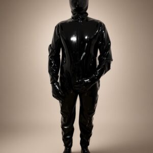 Black 1 mm full enclosure latex suit, front view