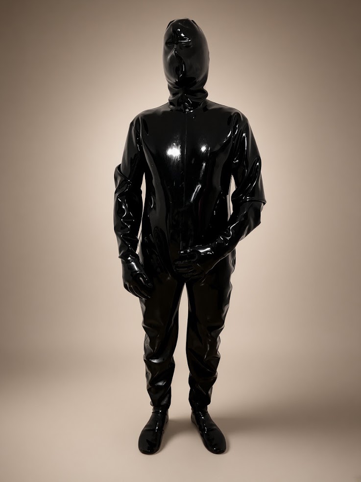 Black 1 mm full enclosure latex suit, front view