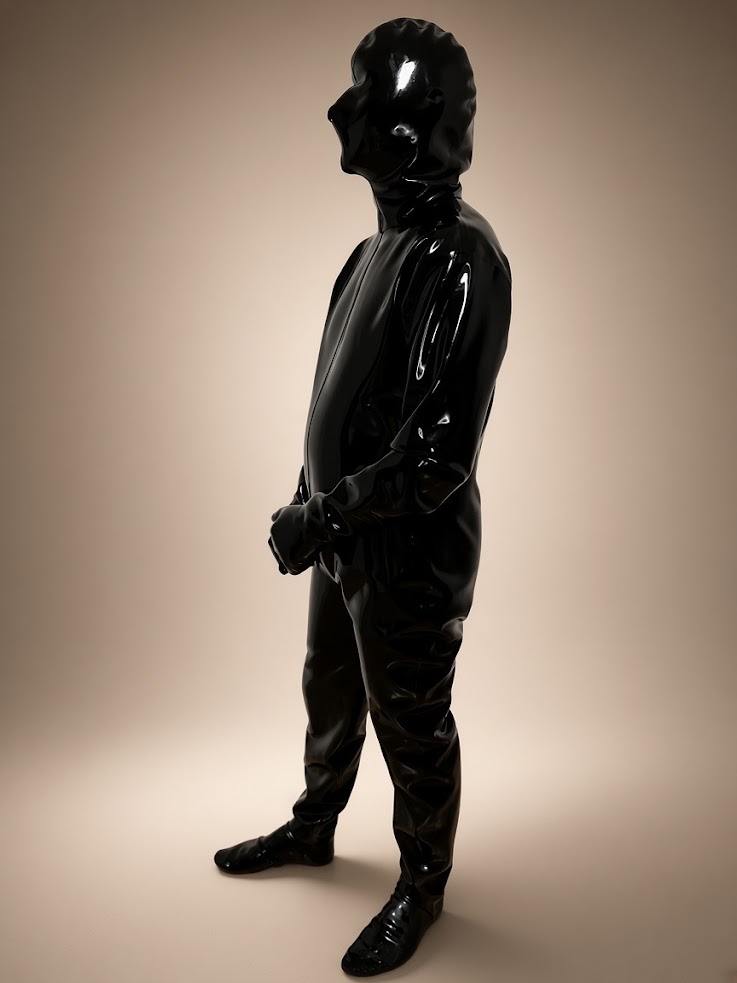 Black 1 mm full enclosure latex suit, side view
