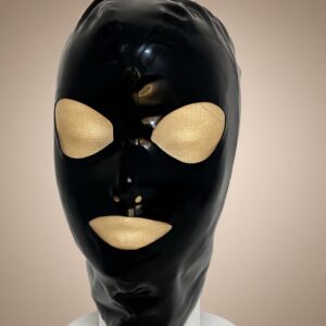 Classic black 0.4 mm latex hood with open eyes and mouth, front view
