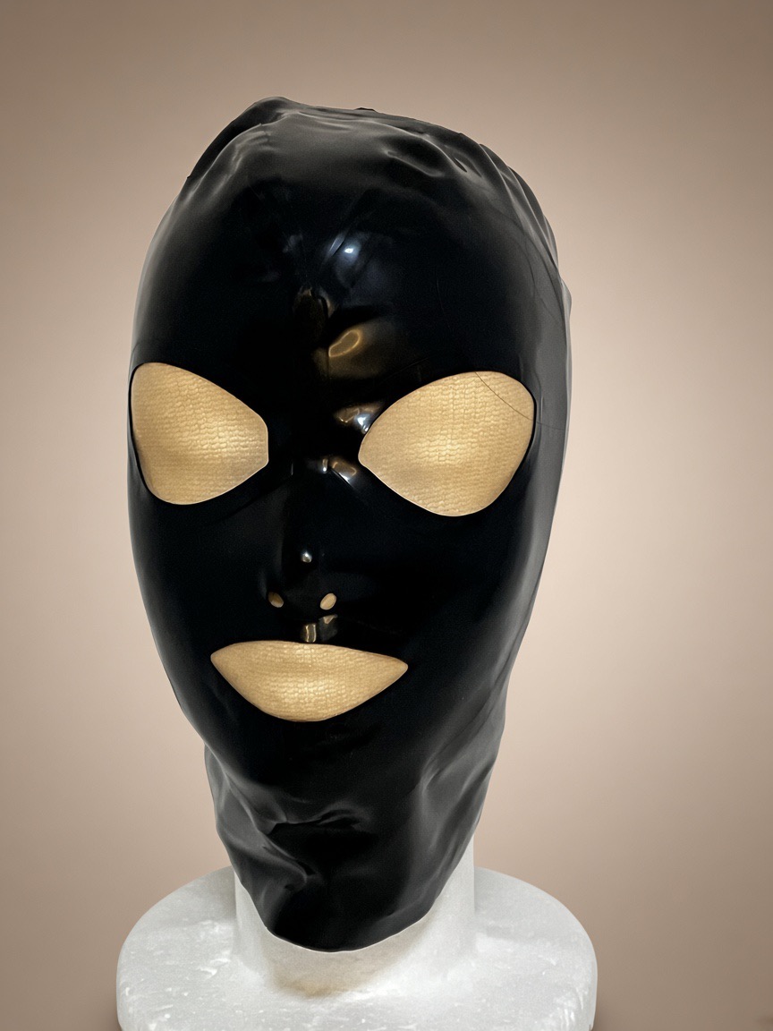 Classic black 0.4 mm latex hood with open eyes and mouth, front view